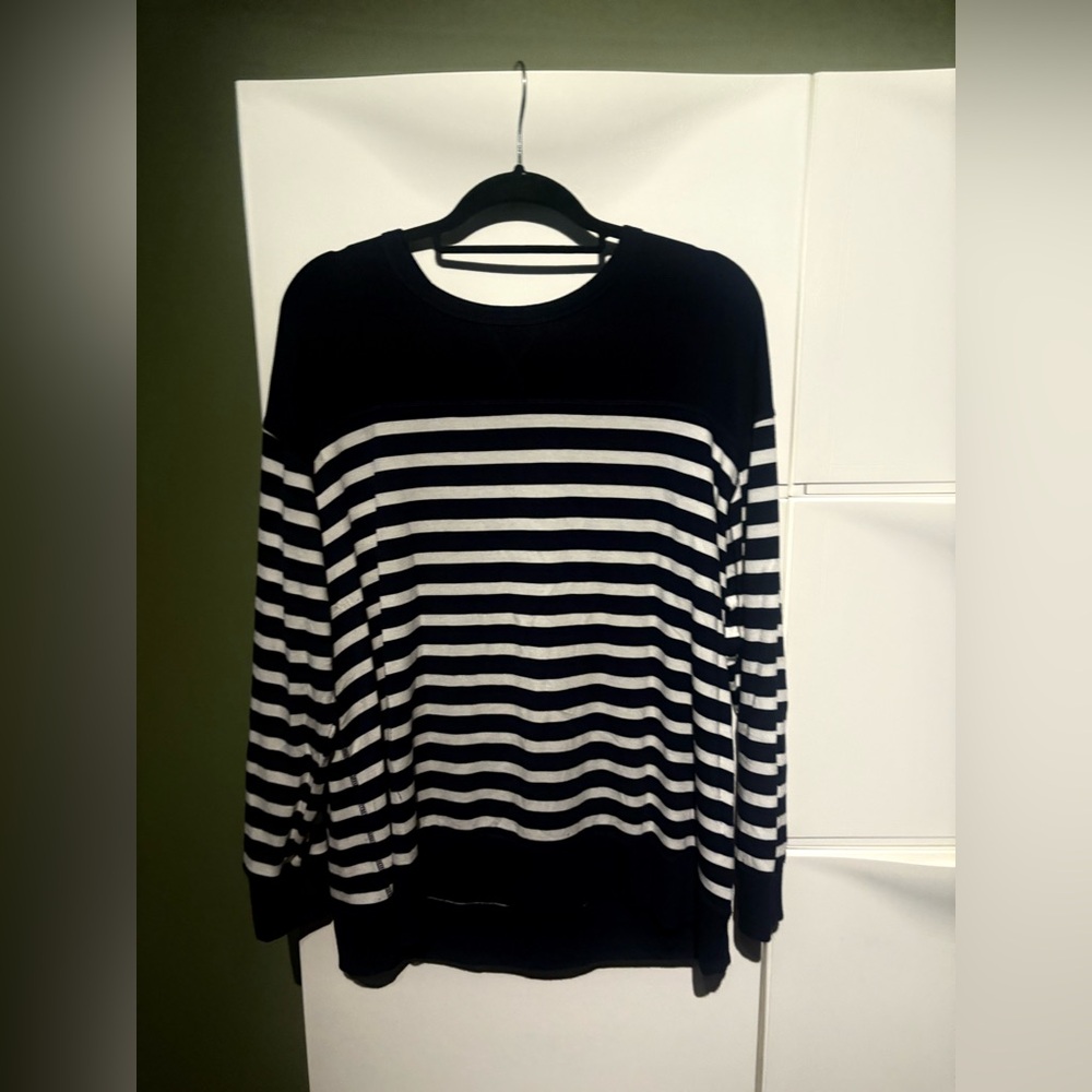 Workshop Republic Clothing Navy and White Striped Crew Neck Sweater